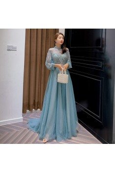 Blue Lace Tulle Fairy Long Sleeves Prom Dress With Collar - AM79062