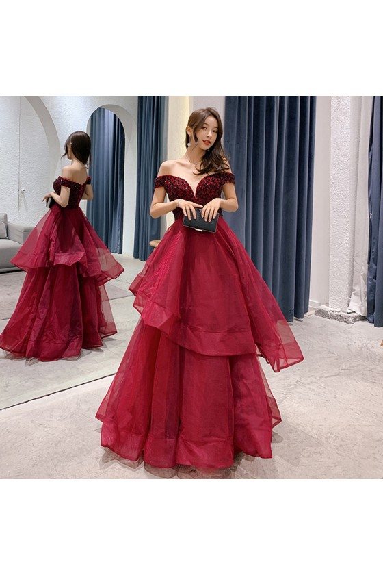 Sexy Off Shoulder Burgundy Long Prom Dress With Ruffles - AM79063