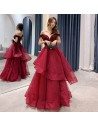 Sexy Off Shoulder Burgundy Long Prom Dress With Ruffles - AM79063