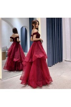 Sexy Off Shoulder Burgundy Long Prom Dress With Ruffles - AM79063
