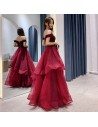 Sexy Off Shoulder Burgundy Long Prom Dress With Ruffles - AM79063