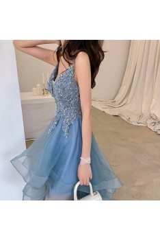 High Low Blue Tulle Ruffled Beaded Short Prom Dress With Straps - AM79094