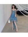 High Low Blue Tulle Ruffled Beaded Short Prom Dress With Straps - AM79094