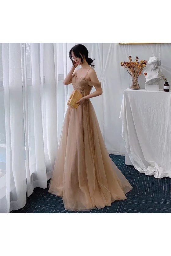 Flowy Brown Tulle Prom Dress Elegant With Straps - $120.9816 #AM79106 -  SheProm.com