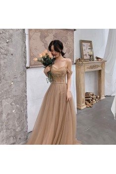 Flowy Brown Tulle Prom Dress Elegant With Straps - AM79106