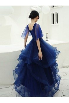 Beautiful Royal Blue Ruffles Cheap Prom Dress Beaded With Tulle Sleeves - AM79021