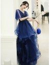 Beautiful Royal Blue Ruffles Cheap Prom Dress Beaded With Tulle Sleeves - AM79021