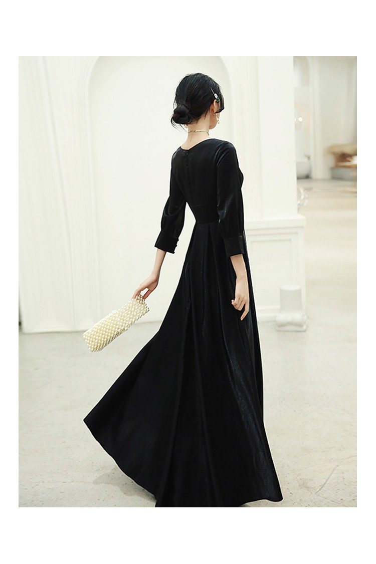 retro long black vneck velvet evening dress with sleeves
