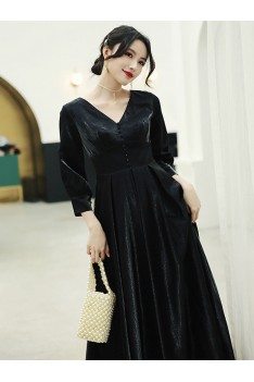 Retro Long Black Vneck Velvet Evening Dress With Sleeves - AM79016