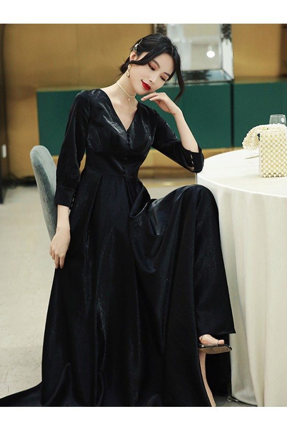 Retro Long Black Vneck Velvet Evening Dress With Sleeves - $106.9776  #AM79016 - SheProm.com