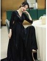 Retro Long Black Vneck Velvet Evening Dress With Sleeves - AM79016