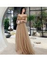 Khaki Pretty Off Shoulder Tulle Prom Dress With Beaded Top - AM79116
