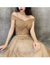 Khaki Pretty Off Shoulder Tulle Prom Dress With Beaded Top - AM79116