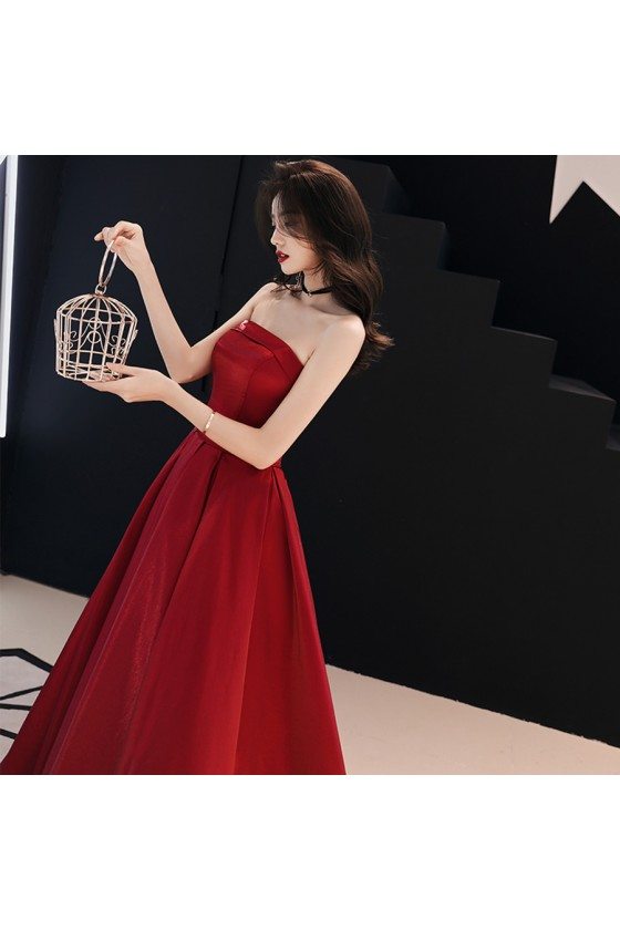 Simple Strapless Burgundy Red Prom Dress Pleated Skirt