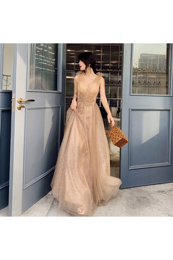 Khaki Bling Tulle Flowy Long Prom Dress With Beading - AM79113