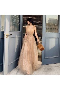 Khaki Bling Tulle Flowy Long Prom Dress With Beading - AM79113