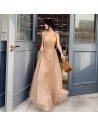 Khaki Bling Tulle Flowy Long Prom Dress With Beading - AM79113