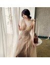 Khaki Bling Tulle Flowy Long Prom Dress With Beading - AM79113