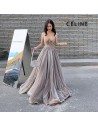 Flowy Grey With Brown Tulle Long Prom Dress With Beaded Vneck - AM79090
