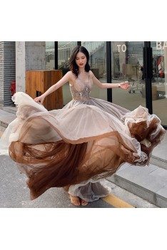 Flowy Grey With Brown Tulle Long Prom Dress With Beaded Vneck - AM79090
