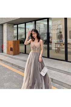 Flowy Grey With Brown Tulle Long Prom Dress With Beaded Vneck - AM79090