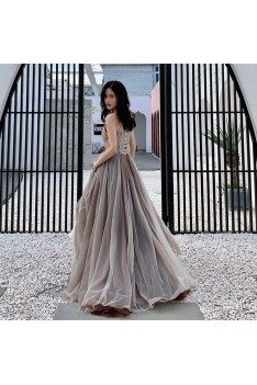 Flowy Grey With Brown Tulle Long Prom Dress With Beaded Vneck - AM79090