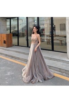 Flowy Grey With Brown Tulle Long Prom Dress With Beaded Vneck - AM79090