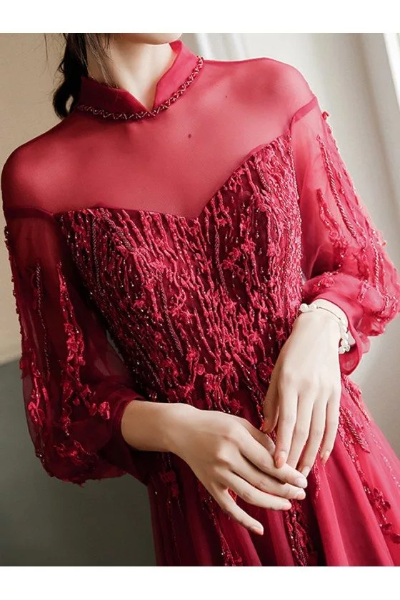 Burgundy Keyhole Back Long Train Formal Dress With Long Sleeves - $124.9776  #AM79058 - SheProm.com