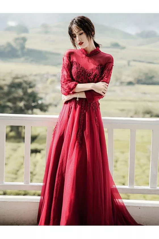 Luxury Beaded Burgundy Formal Dress Long Sleeve Pageant Dresses 67250 –  Viniodress