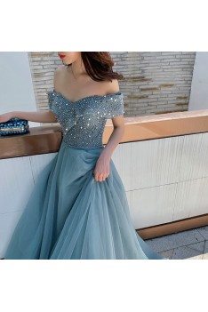 Green Beaded Off Shoulder Long Tulle Prom Dress With Bling - AM79126