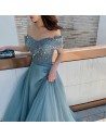Green Beaded Off Shoulder Long Tulle Prom Dress With Bling - AM79126