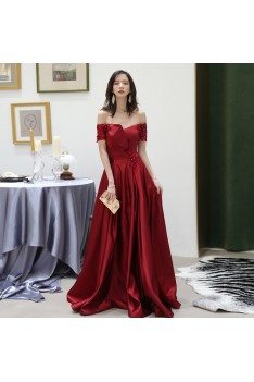 Classy Off Shoulder Burgundy Satin Pleated Evening Dress With Beading - AM79156