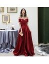 Classy Off Shoulder Burgundy Satin Pleated Evening Dress With Beading - AM79156