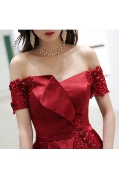 Classy Off Shoulder Burgundy Satin Pleated Evening Dress With Beading - AM79156
