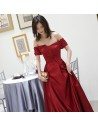 Classy Off Shoulder Burgundy Satin Pleated Evening Dress With Beading - AM79156
