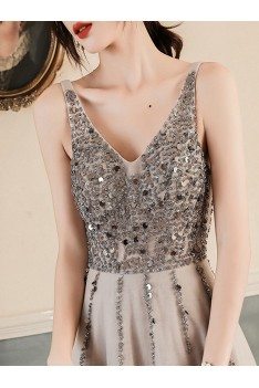 Popular Sequined Vneck Grey Cheap Prom Dress With Train - AM79054