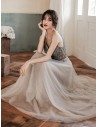 Popular Sequined Vneck Grey Cheap Prom Dress With Train - AM79054
