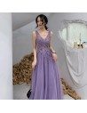 Pretty Purple Vneck Lace Cheap Prom Dress With Open Back - AM79103