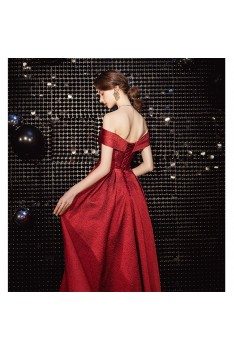 Pretty Off Shoulder Pleated Prom Dress In Burgundy Red - AM79076