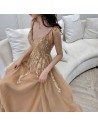 Khaki Train Long Tulle Vneck Prom Dress With Appliques - AM79125