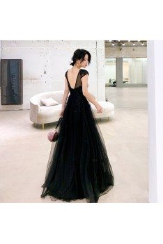 Modest Beaded Cap Sleeved Long Black Tulle Prom Dress Open Back - AM79130