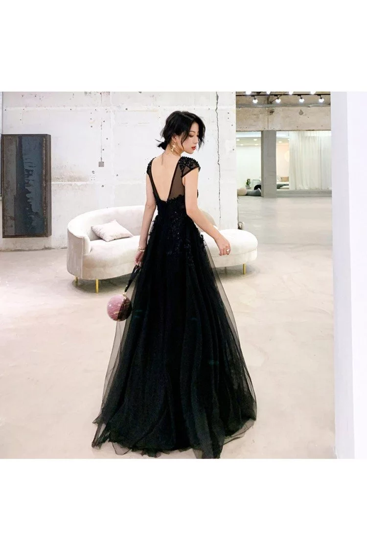 A Line V Neck Black Backless Satin Prom Dresses, Black Open Back Long –  jbydress