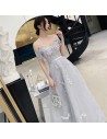 Grey Off Shoulder Lace Tulle Prom Dress With Beading - AM79143