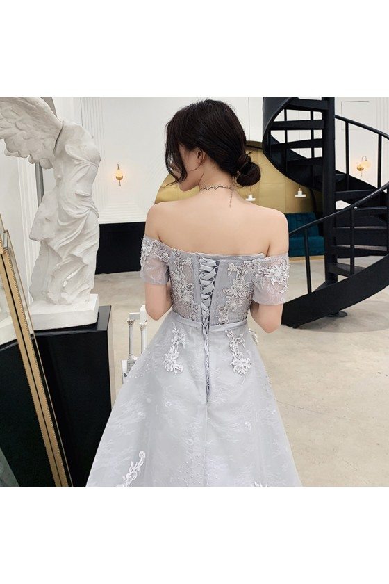 Grey Off Shoulder Lace Tulle Prom Dress With Beading - $117.9792 # ...
