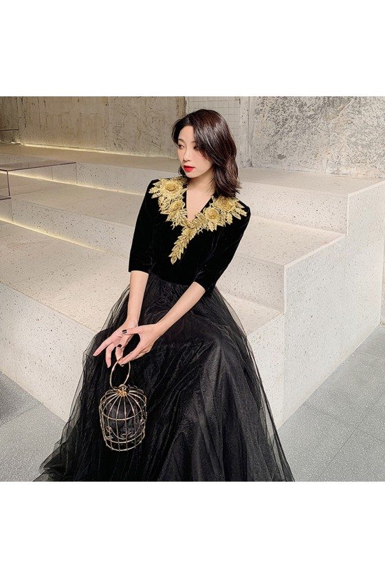 Formal Long Black With Gold Embroidery Formal Dress With Half Sleeves - AM79004