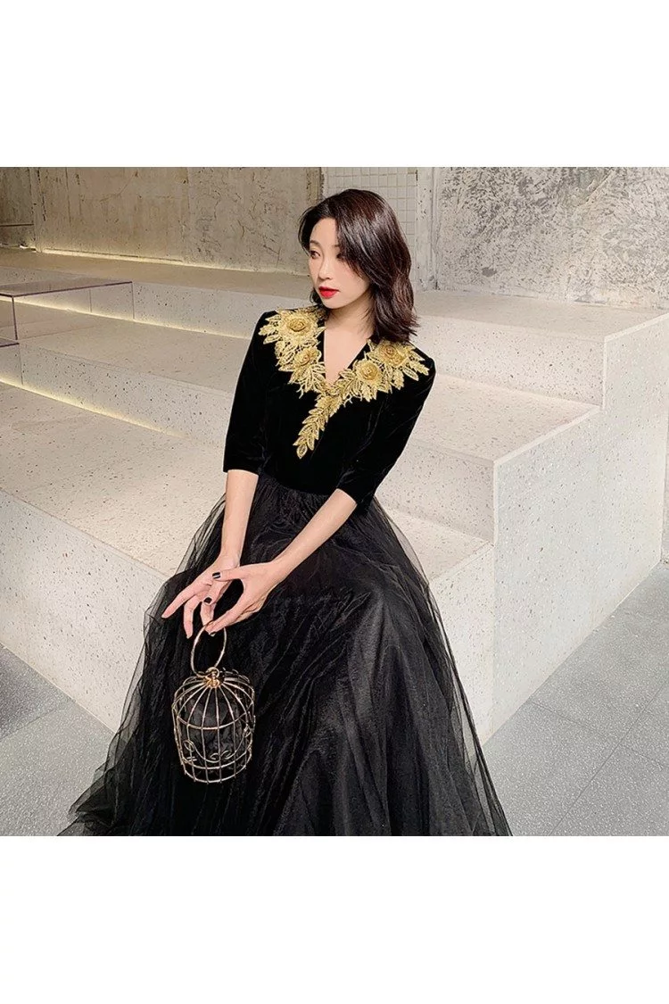 Formal Long Black With Gold Embroidery Formal Dress With Half Sleeves