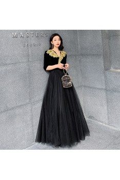 Formal Long Black With Gold Embroidery Formal Dress With Half Sleeves - AM79004