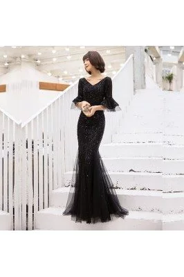 Long Black Sequined Mermaid Party Prom Dress With Flare Sleeves - AM79164