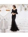 Long Black Sequined Mermaid Party Prom Dress With Flare Sleeves - AM79164