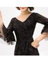 Long Black Sequined Mermaid Party Prom Dress With Flare Sleeves - AM79164